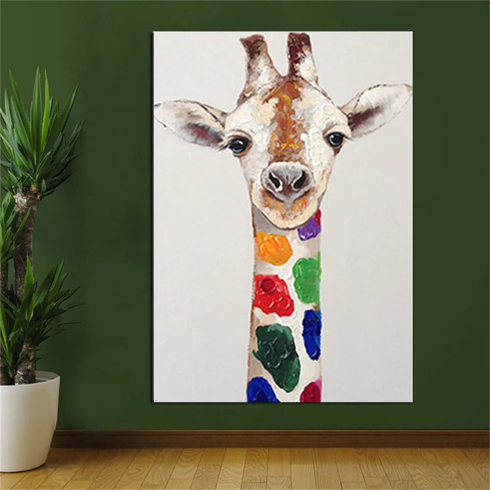 100% Hand-Painted Children's Room Hanging Paintings Abstract Mural Modern Oil Painting Animal Giraffe Color Canvas Paint Bedroom