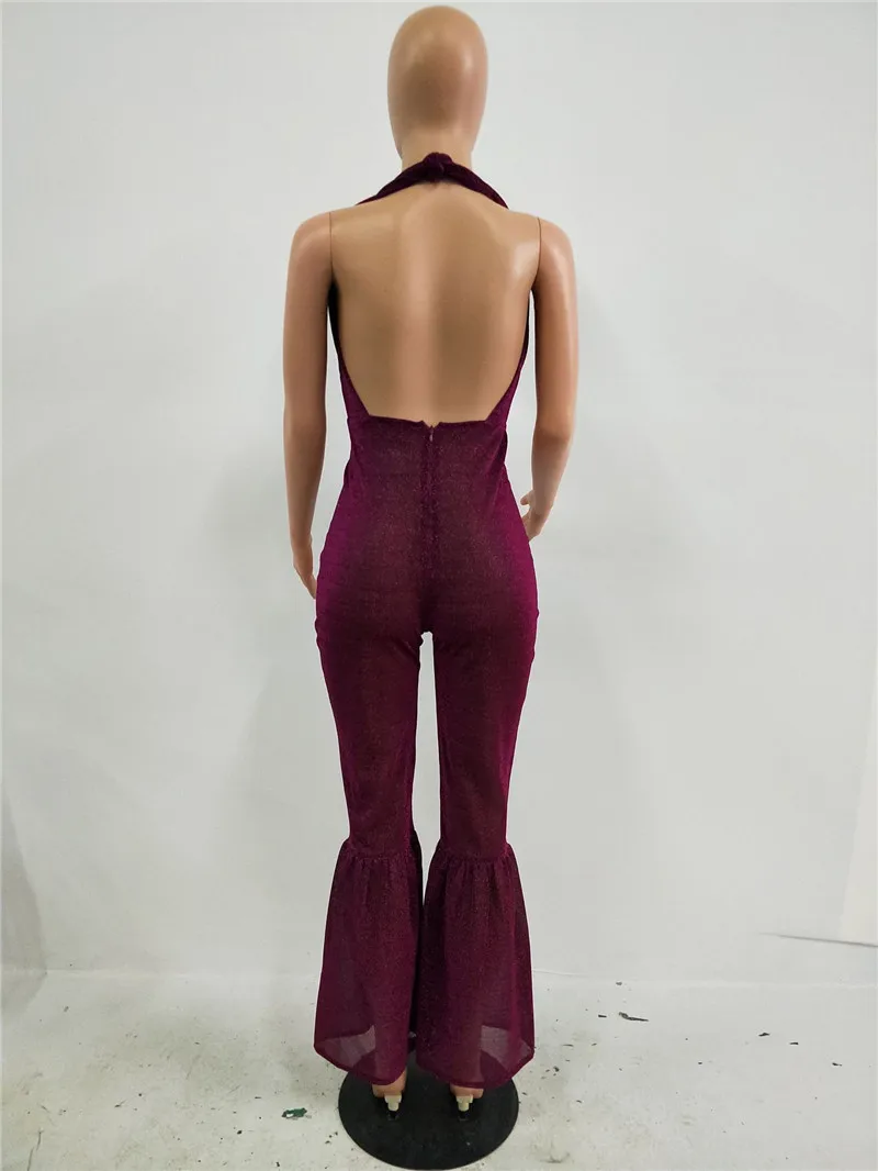 2017 Sexy di Modo Delle Donne di Scintillio Della Tuta Senza Maniche Halter Skinny Signore Locale Notturno Backless Del Partito Svasato Sparkly Pagliaccetto Catsuit