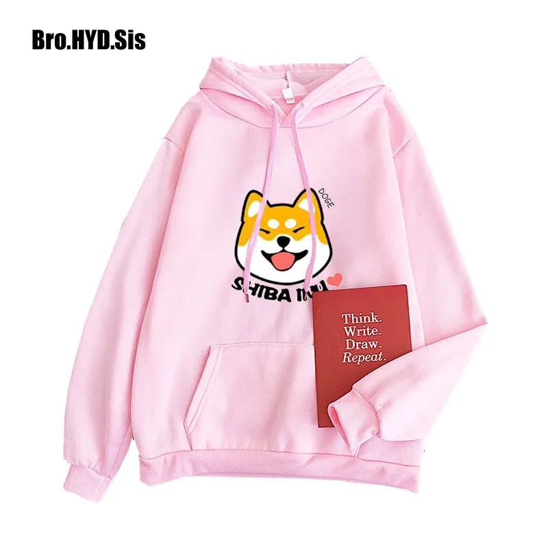 Harajuku Cartoon Dog Print Hoodies Shiba Inu Fleece Hooded Pullover Sweatshirts Lady Girls Teens Autumn Tops Winter Clothing