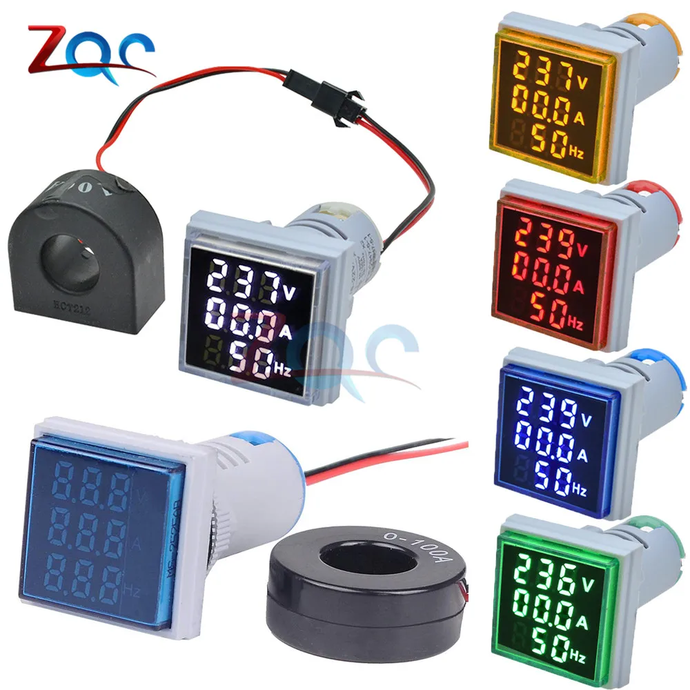 3 in 1 AC 60~500V Digital Voltmeter Ammeter Hz Hertz Frequency Meter Current Voltage Indicator Tester Amp Signal Light LED 22mm