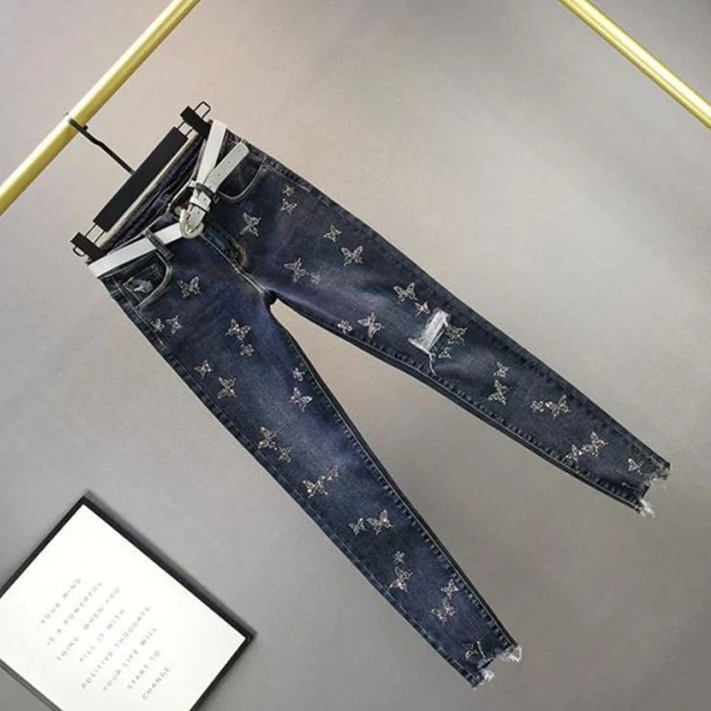 Jean déchiré taille haute pour femme, pantalon crayon en denim délavé, papillon perlé, mode décontractée