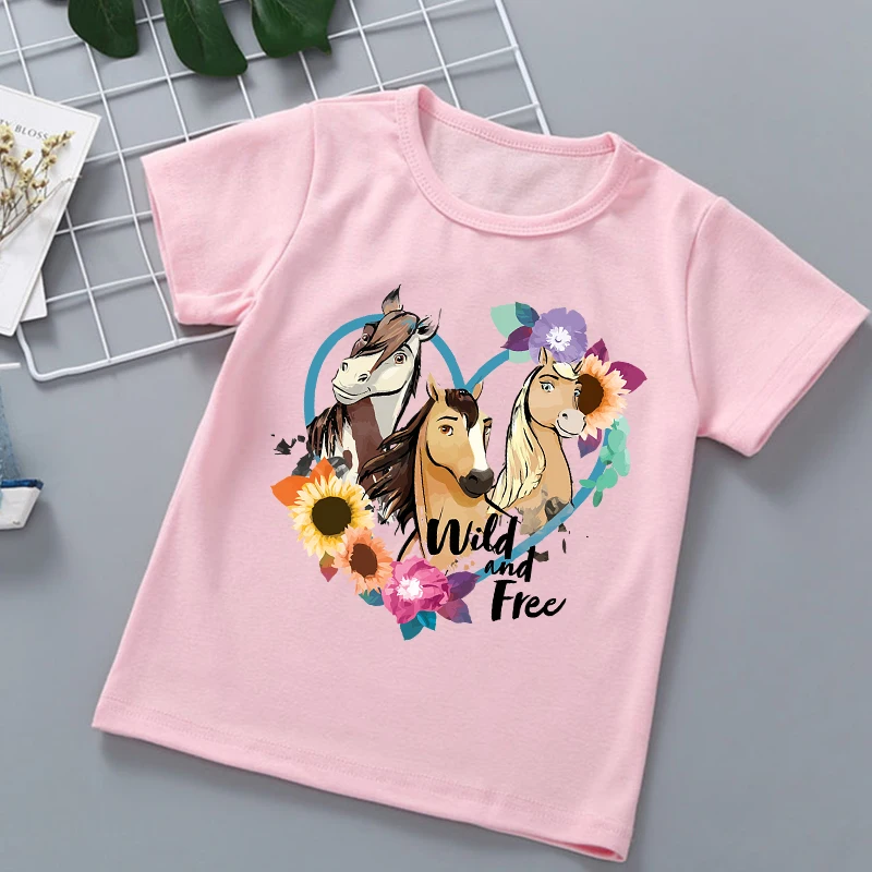 New hot sale children\'s tshirts Mustang spirit cartoon print girls t-shirts fashion trend baby girls t shirts pink clothing tops