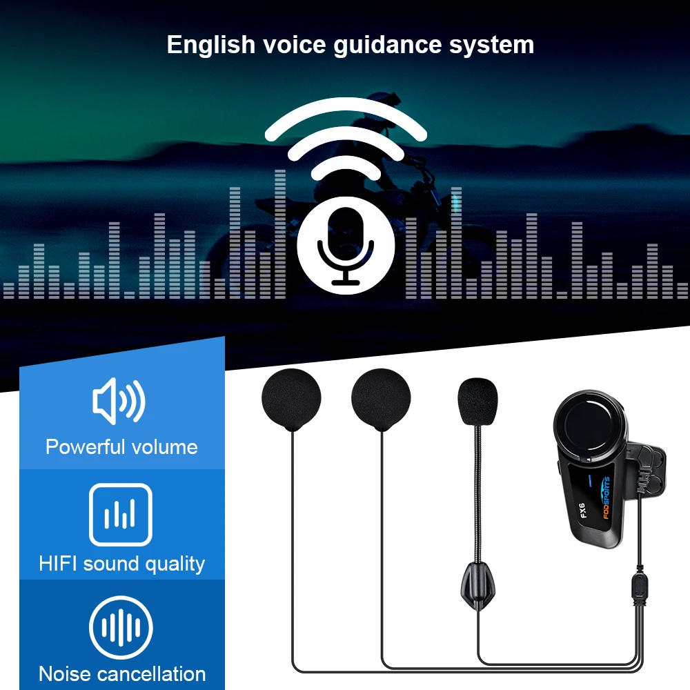 Fodsports FX6 Motorcycle Helmet Intercom Waterproof Bluetooth Headset 6 Rider BT 5.0 Interphone With FM Radio