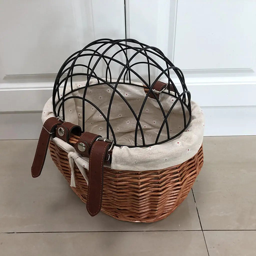 Bike Basket Wicker Woven with Wire Top with Leather Straps  Front Handlebar Basket  Shopping Basket