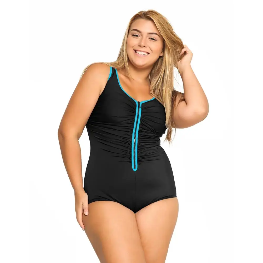 Women Plus Size Swimsuits Built-in Cup One Piece Zip Front Swimwear Solid Lady Beachwear Bathing Biquini New