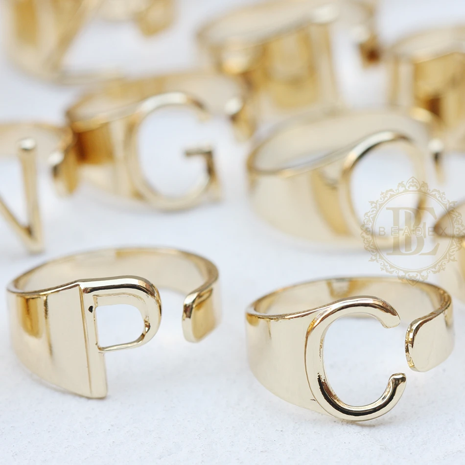 DIY Supply-One Piece Gold Plated Solid Brass Finding Alphabet Finger Ring Base-Letter Finger Ring-Adjustable-Open End (4532C) image 2
