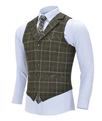 Mannen Business Plaid Wol Legergroen Vest Slim Fit Single-Breasted Katoenen Pak Vest Vest Voor Bruiloft Formele vest Bruidsjonkers