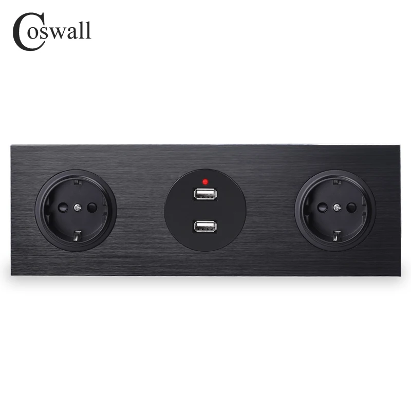 

Coswall Black Aluminum Panel 16A Double EU Standard Wall Power Socket Grounded + Dual USB Charging Port 2.4A Output R12 Series