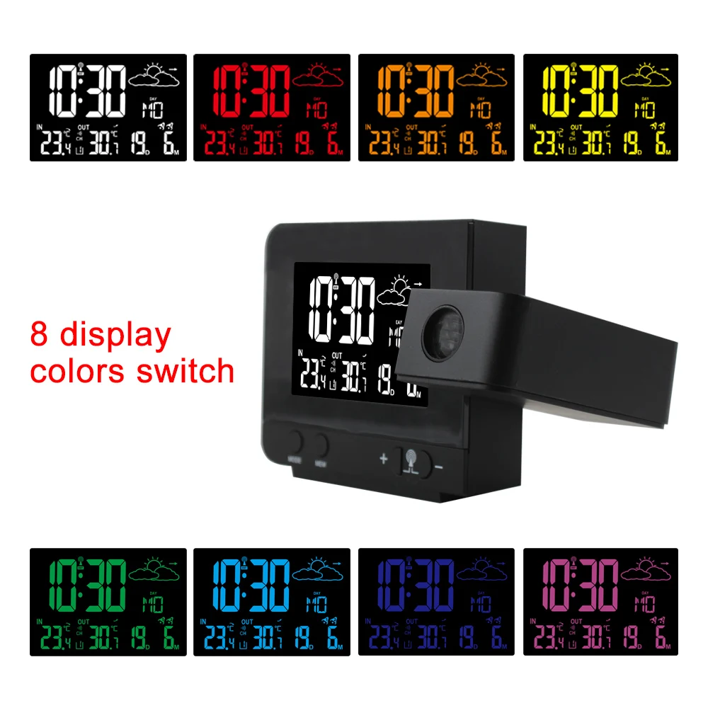 Alarm Clock Digital Thermometer 8 Color display Night light Electronic Watch Table Wireless Sensor Projection Time Clocks