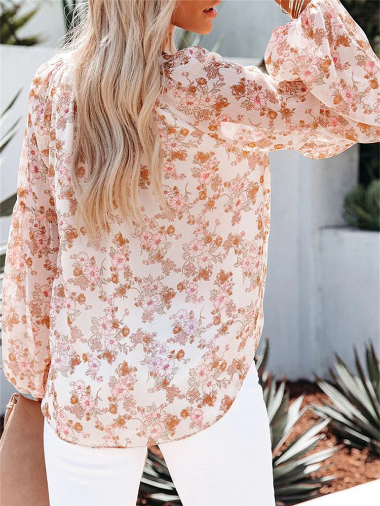 Blusa de manga larga con cuello en V para primavera y otoño, camisa de gasa con estampado Floral, holgada e informal, 2021