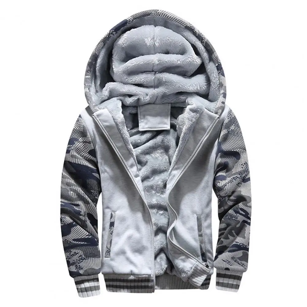 Zipper Closure Male Jacket Thickened Fleece Lining Camouflage Patchwork Hooded Cardigan 2021 Winter Outerwear Top