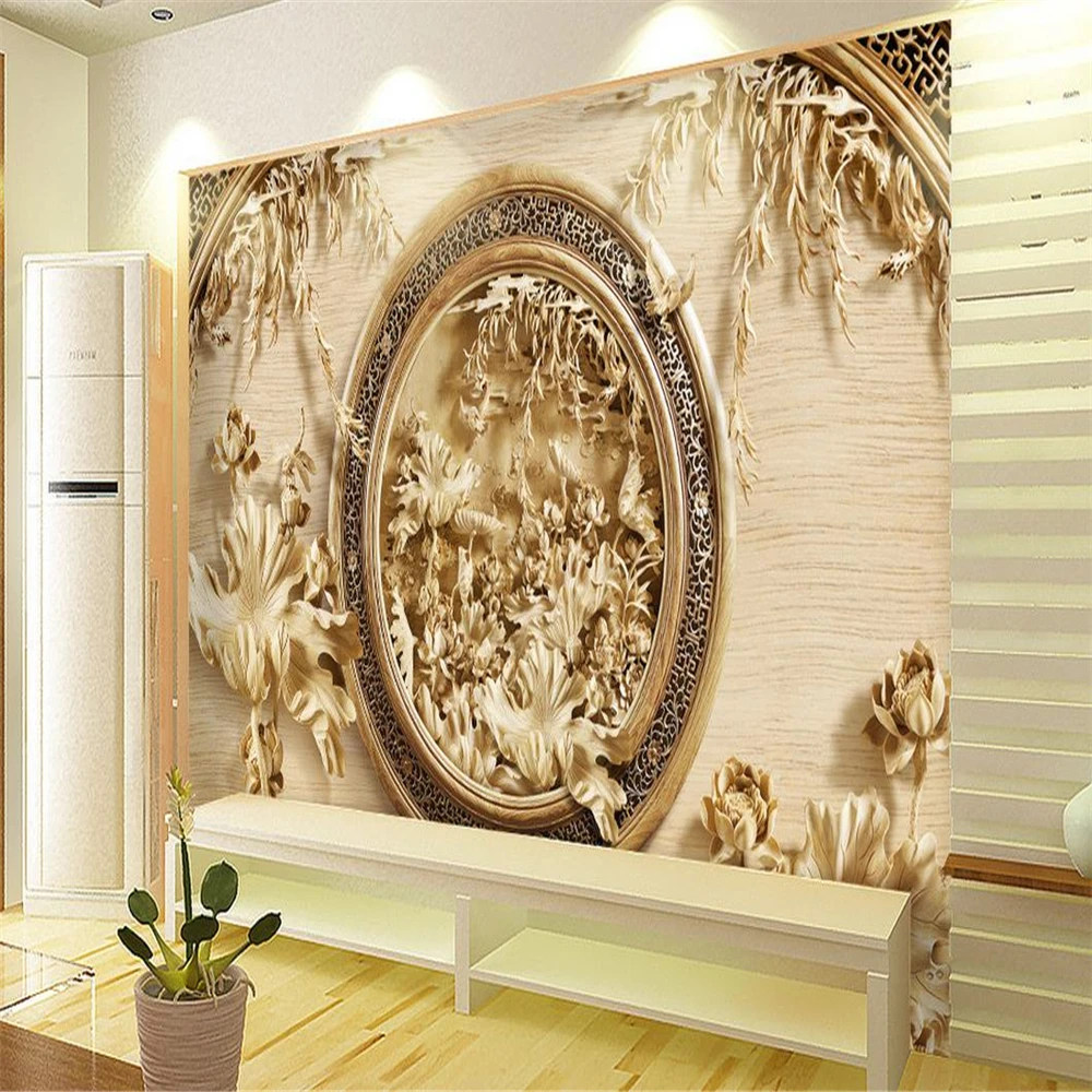 

3d customized wallpaper 3D woodcarving lotus wallpapers TV background wall | three-dimensional lotus