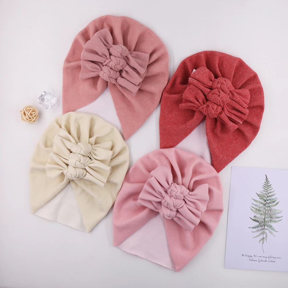 Solid Cashmere Turban Hats Handmade Folded Knotted Caps Soft Warm Beanies Photography Props Infant Autumn Winter Headwraps