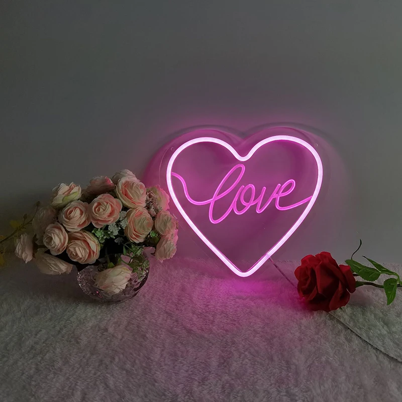 Heart LOVE Sign Neon Light LED Modeling Night Lamp Transparent Backplane USB Powered Decor Room Wall Shop Wedding Birthday