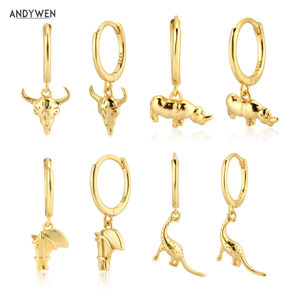 ANDYWEN 925 Sterling Silver 8.5mm Animal Rhinoceros Collection Drop Earring Fashion Fine Jewelry Circle PIercing Pendiente