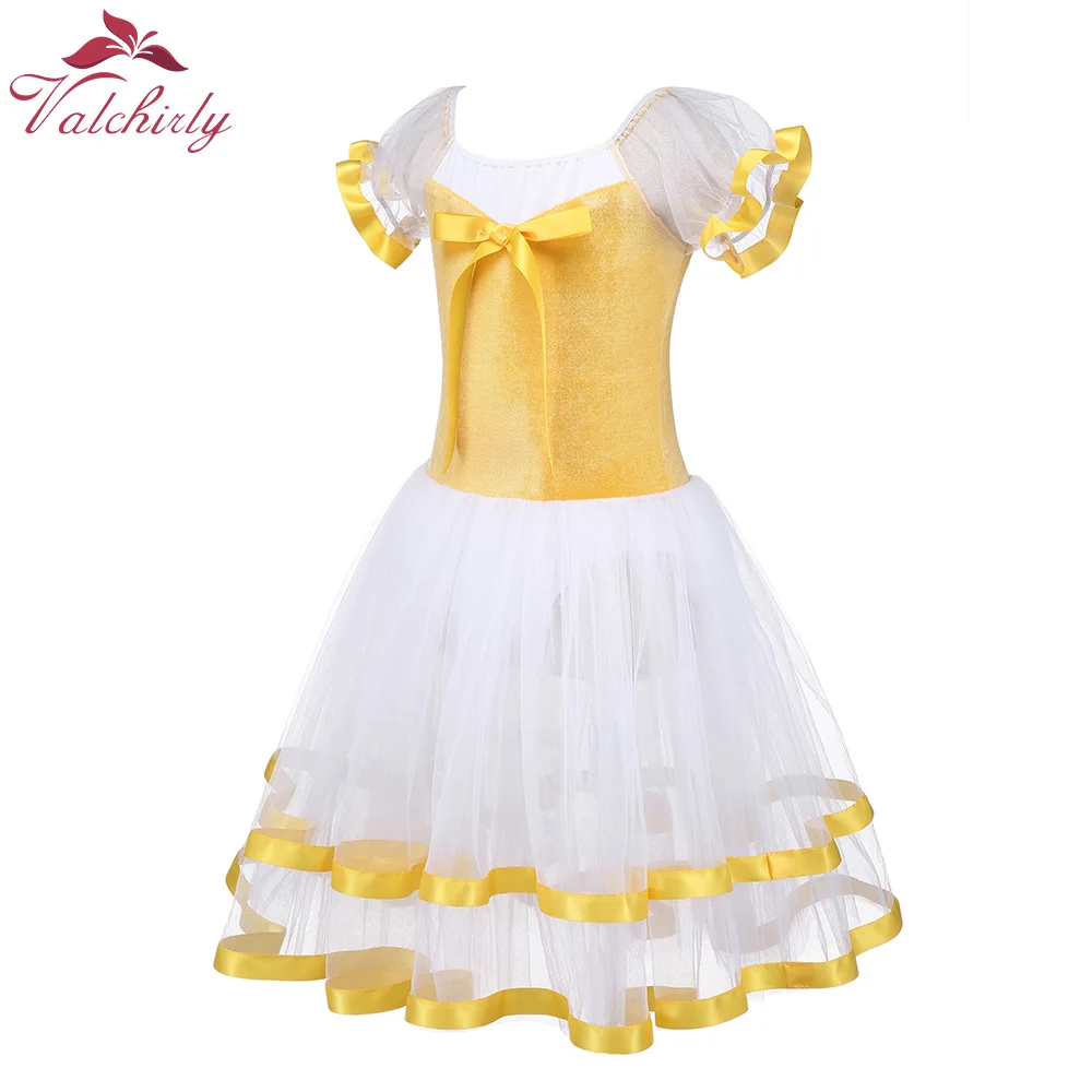 Yellow Ballet Dance Tutu Leotard Girls Dancewear Costume Ribbon Long Tulle Skirt Ballerina Fairy Party Costumes