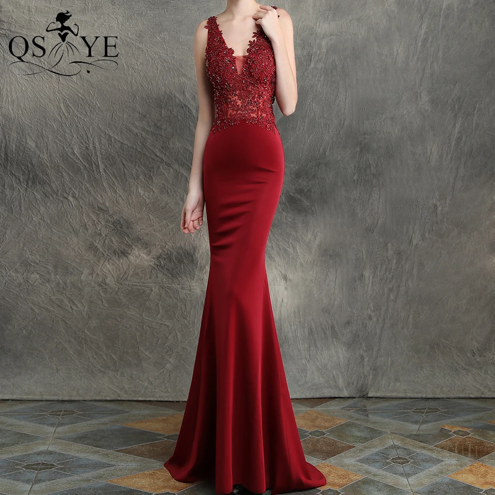 

Dark Red Prom Dresses Sleeveless Mermaid Women Formal Gown Bead Appliques Lace V Neck Illusion Evening Dress Burgundy Party Gown