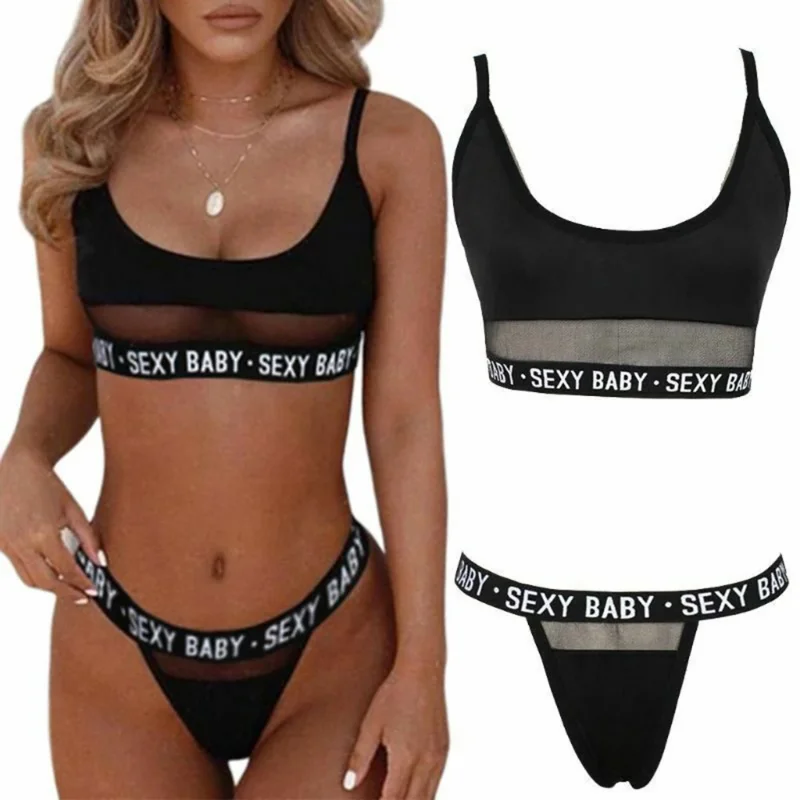 Sexy Ladies Bra Set Fashion Letter Solid Color Bra Thong 2PCS Sexy Transparent Ladies Solid Color Lingerie Panty Set