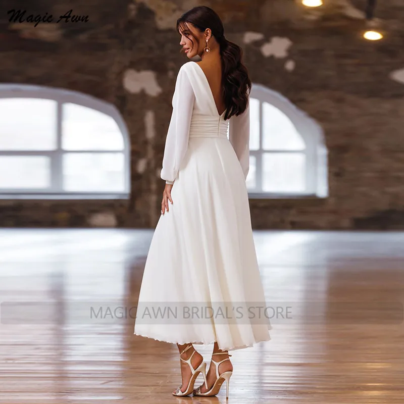 Magia awn simples chiffon boho vestidos de casamento mangas compridas decote em v a linha tornozelo comprimento vestidos de festa de casamento barato robe de mariée