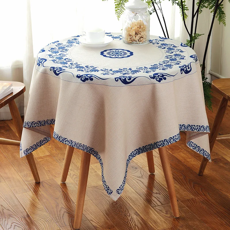 

Simplicity Chinese Style Blue Flower Tablecloth Round Waterproof Cotton Linen Table Cover Kitchen Wedding Party Decoration