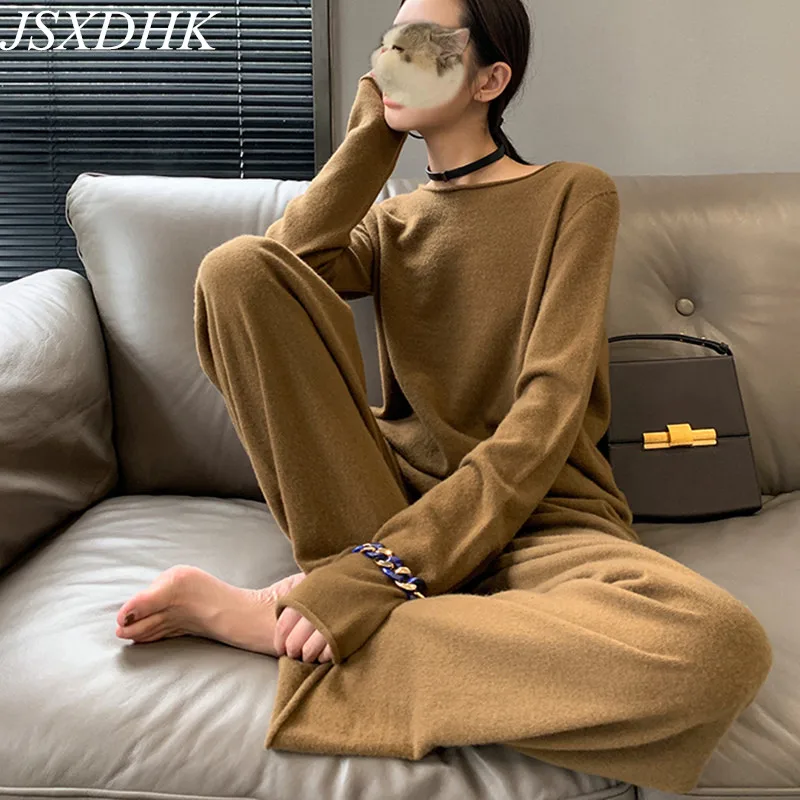 JSXDHK Women Knitted Tracksuit Two Piece Set Chic Autumn O Neck Loose Sweater + High Elastic Waist Wide Leg Pants Suits Female