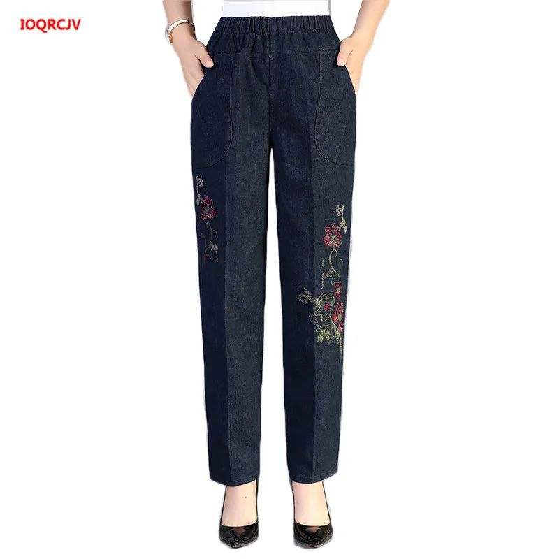 

Elderly Women's Jeans Spring Autumn New Embroidery Elastic High Waist Mother Denim Pants Loose Large Size Grandma Trousers W2005