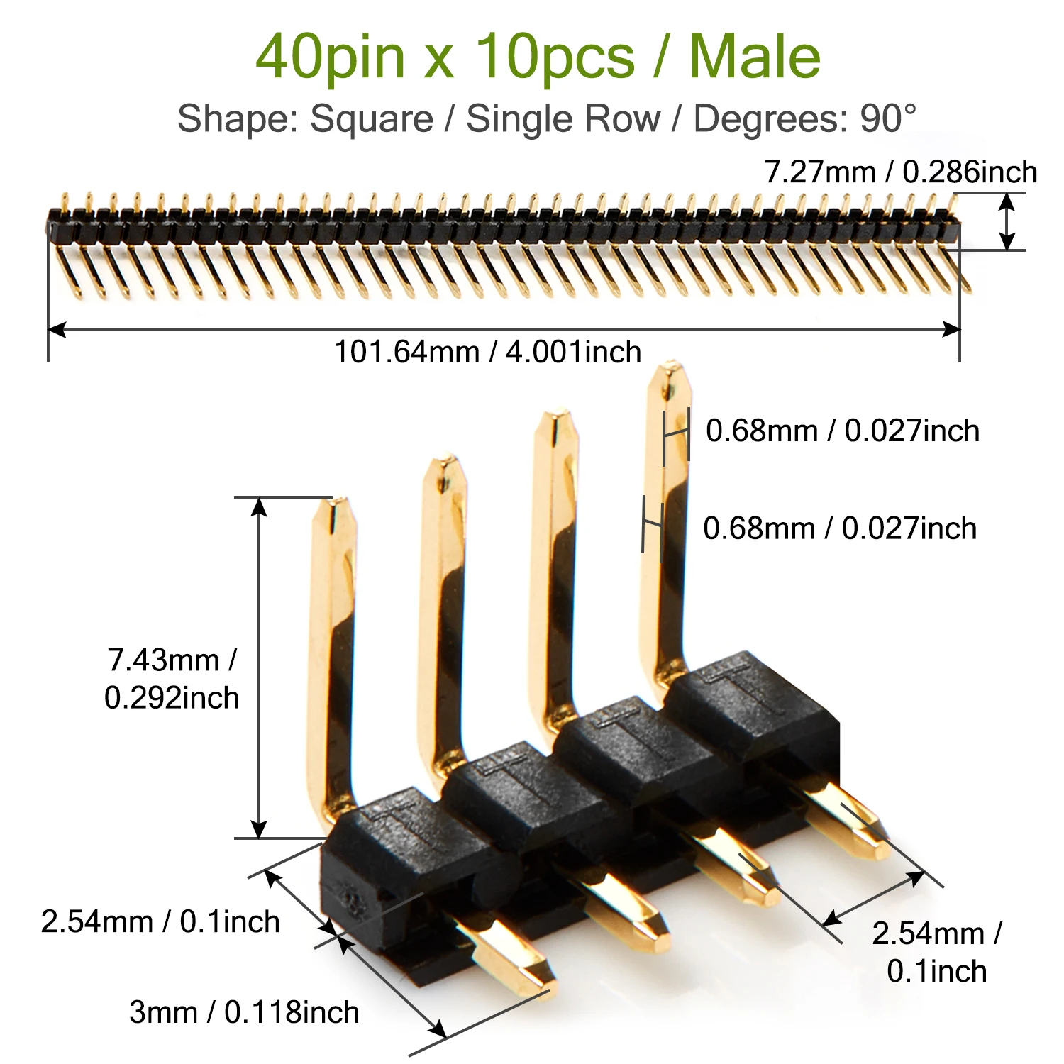 40 Pins Male 2.54mm Bent Pin Header Right Angle Single Row 90 Degrees Needle Connector Gold Plated for Arduino PCB Raspberry