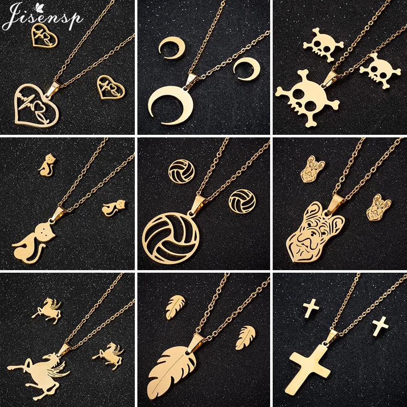 Casual Stainless Steel Jewelry Sets Punk Volleyball Cross Necklace Earrings for Women Fashion Skull Earings Hallowmas Gift 2024