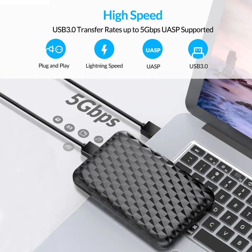 علبة ORICO الخارجية لأقراص HDD مقاس 2.5 بوصة، واجهة USB 3.0 إلى SATA بسرعة 5 جيجابت/ثانية، متوافقة مع أقراص SATA بسماكة 7-9.5 ملم لأجهزة الكمبيوتر - 2