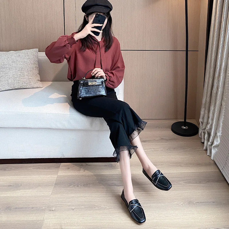2021 autumn new square head shallow mouth wild net red flat bottom four seasons loafers two wear fairy style single shoes