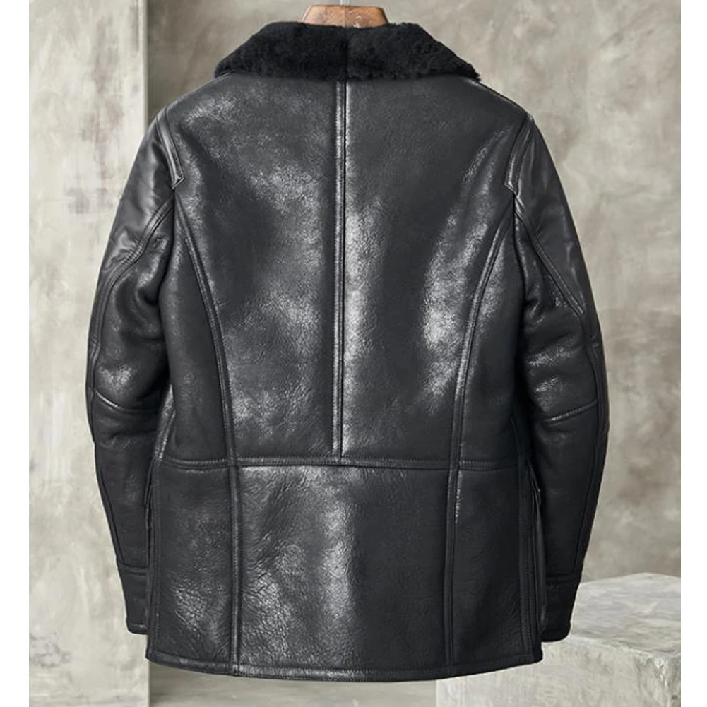 Men Bomber Jacket B3 Shearling Jacket Men Genuine Leather Coat Black