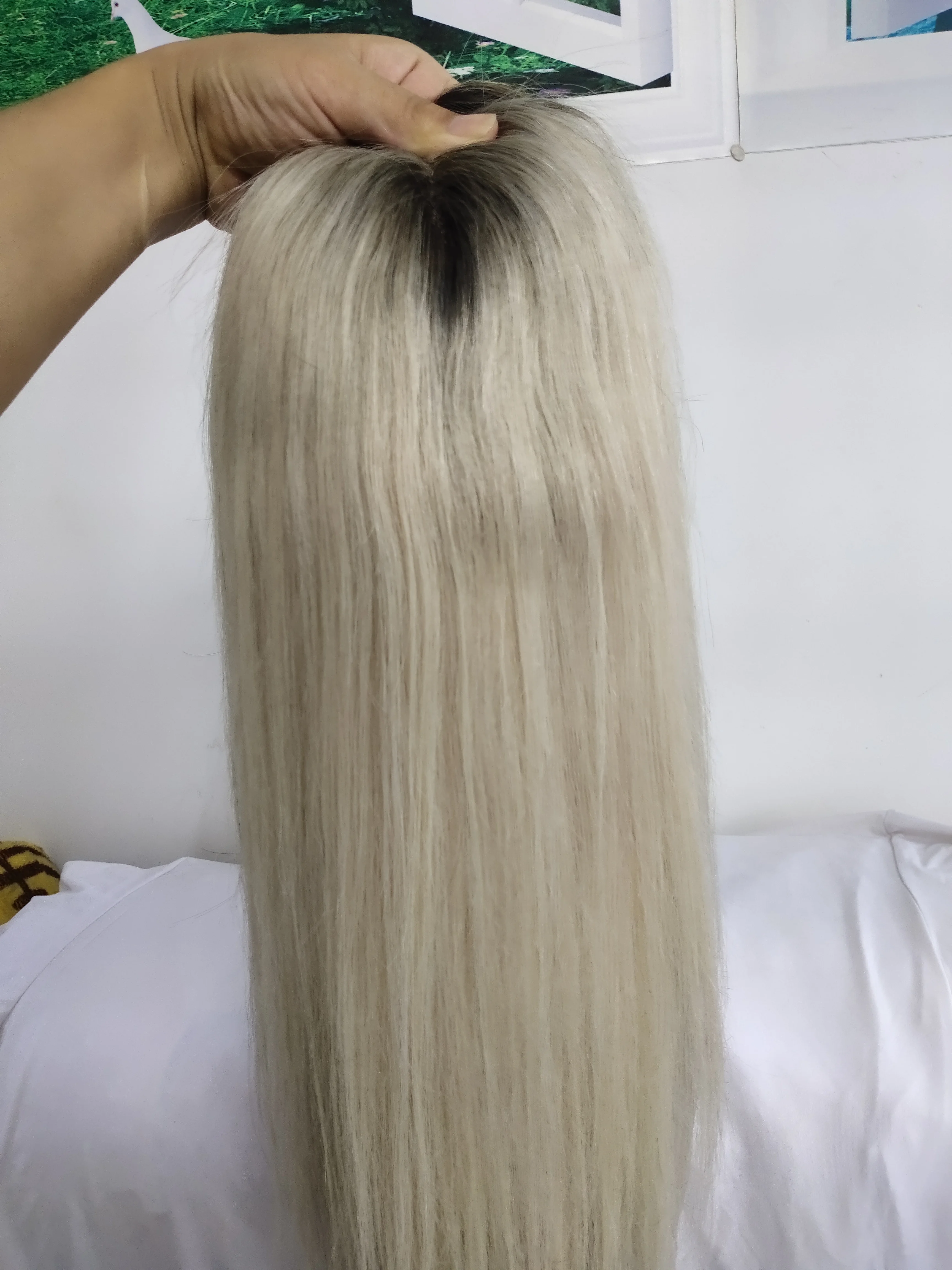 Mono PU Base Toupee com Clipes para Mulheres, Cabelo Humano Topper, Ombre Ash Blonde, Respirável Toupee, Remy Hairpiece, 16x18 cm, 20\