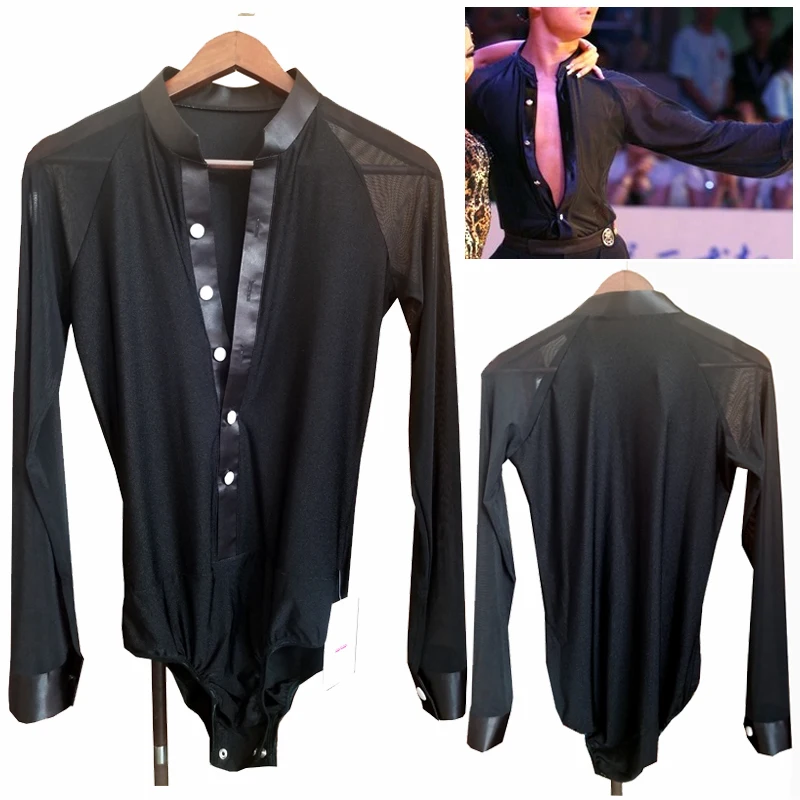 

New Latin Dance Tops Adult Practice Clothing Men'S V-Neck Black Long SLeeves Training Suit Competition Outfit Shirt VDB2595