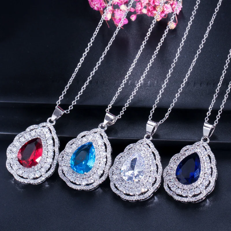 CWWZircons 3 layers Cubic Zirconia Paved Big Water Drop Dark Blue Earrings Necklace Ring Engagement Jewelry Set for Women T283