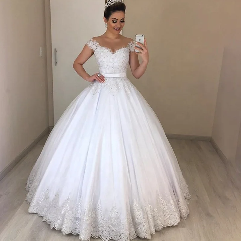 

White Princess A Line Wedding Dress Luxury Lace Appliques Beaded Bride Marriage Gowns Plus Size Women Formal Party Dresses 2024