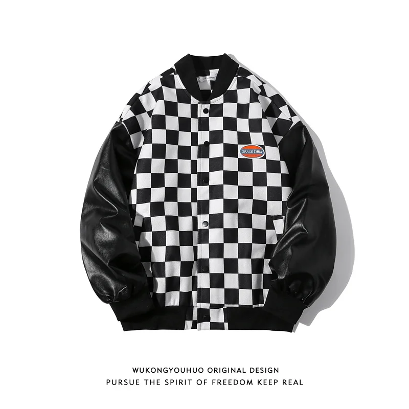 

American checkerboard stitching Baseball Jacket, men's fashion brand loose BF versatile casual jacket jaket men mens clothing