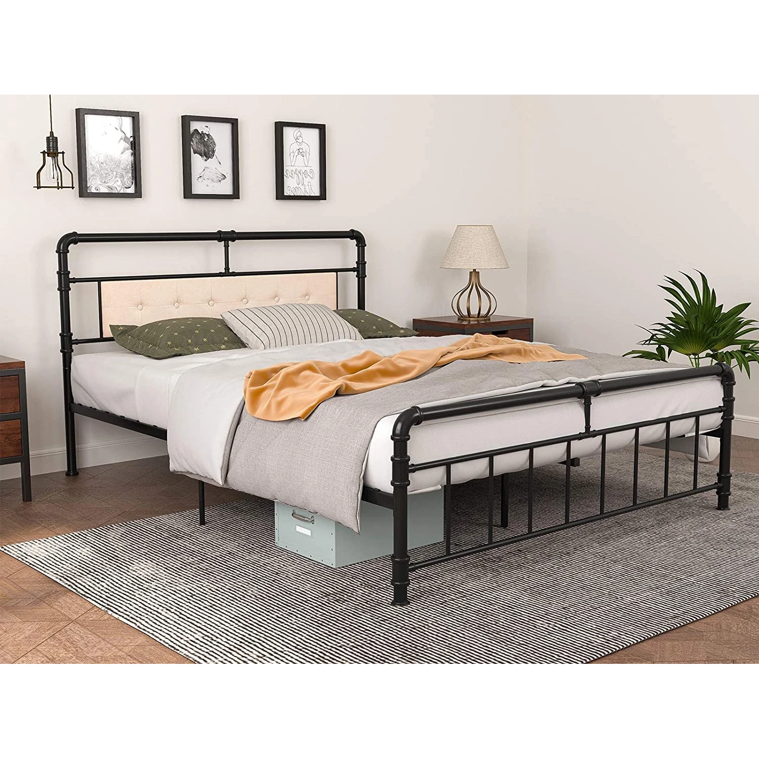 Full Size Classic Reinforced Metal Bed Frame W/Vintage Upholstered Headboard&Footboard Premium Heavy Duty Steel Slat Support