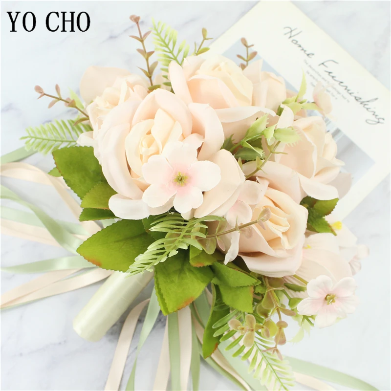 YO CHO Wedding Bouquets for Bridesmaids Bridal Bouquets Flowers Silk Roses White Burgundy Wedding Bouquet Bride Marriage Supplie