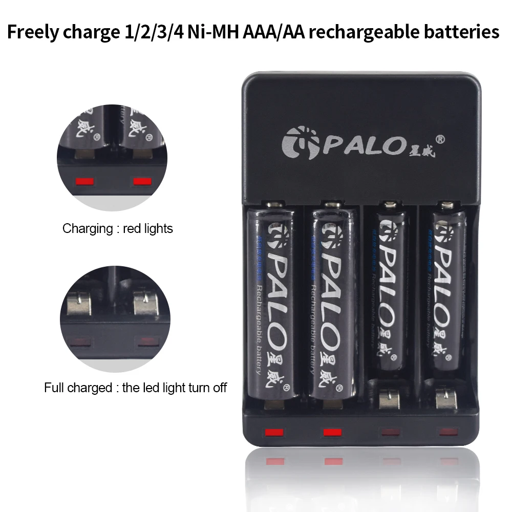 PALO 4 Slots 1.2VAAA AA Rechargeable Battery Chargers LED Light Smart battery Charger NI-MH NI-CD aa aaa Chargers with USB cable