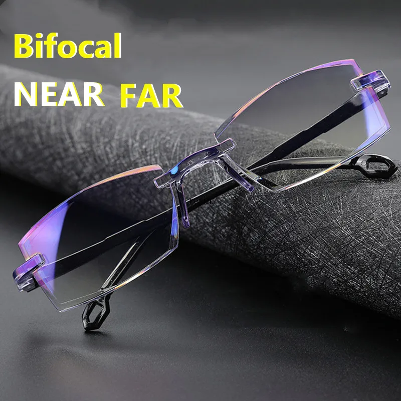 Far and near dual-use Rimless Cutting Reading Glasses TR90 Men Women Bifocal Anti-blue light Ultra-light Computer Eyeglasses