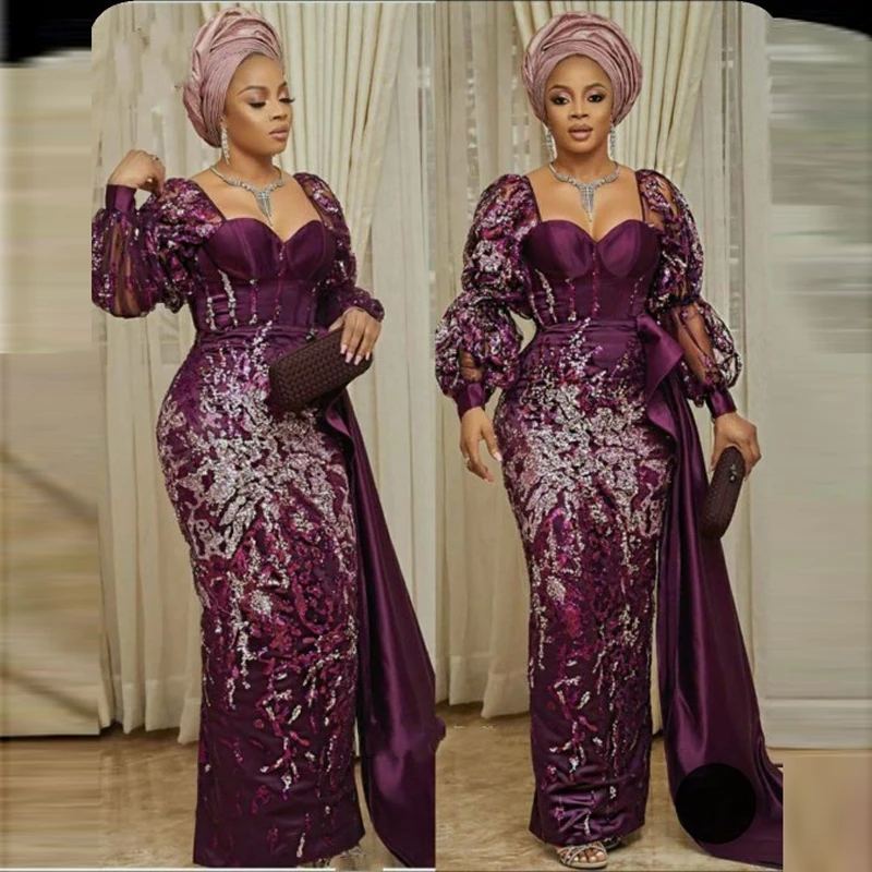 Dubai African Aso Ebi Evening Dresses With Sequined Lace Appliques Mermaid Prom Dress Plus Size Women Muslim Party Gowns