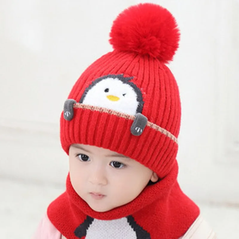 1 To 4 Years Old Baby Kids Beanie Thicken Children Cap Cute Penguin 2 Pcs Boys Girls Winter Villus Hat Scarf Set Photography 