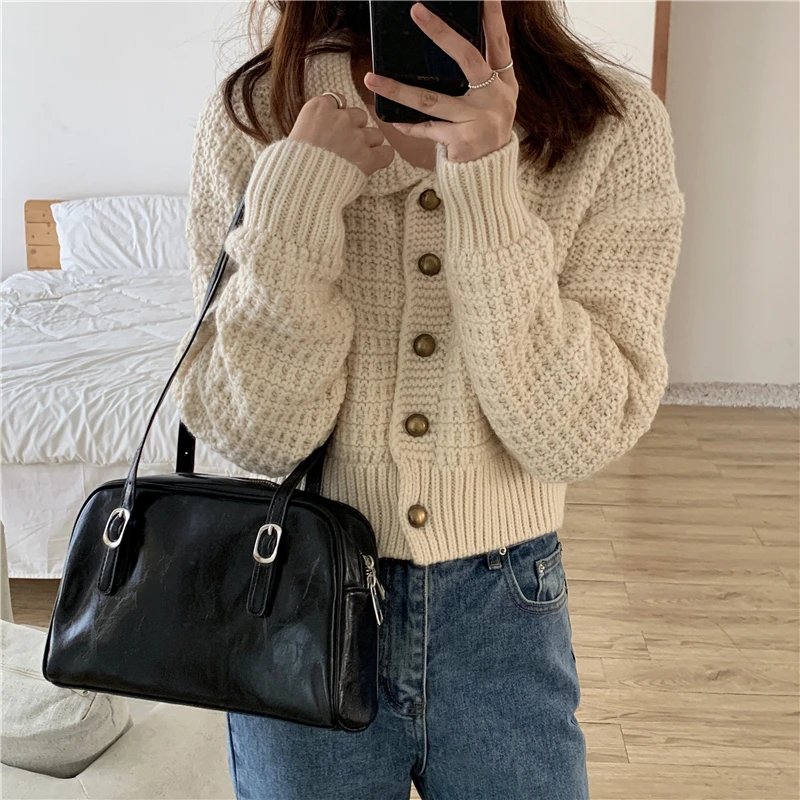 Fashion Green PU Leather Women Shoulder Bags Simple Design Solid Color Ladies Tote Handbags Vintage Black Female Underarm Bag