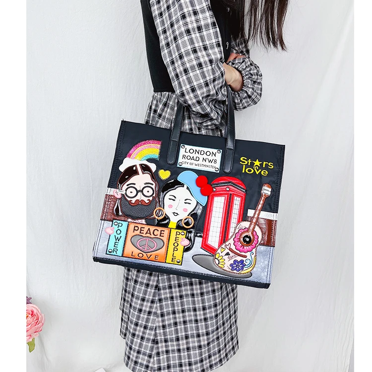 Cartoon Pattern Embroidery Nylon Shoulder Bag for Women Fashion Female Purses and Handbags Shopping Bags Ladies Designer Totes