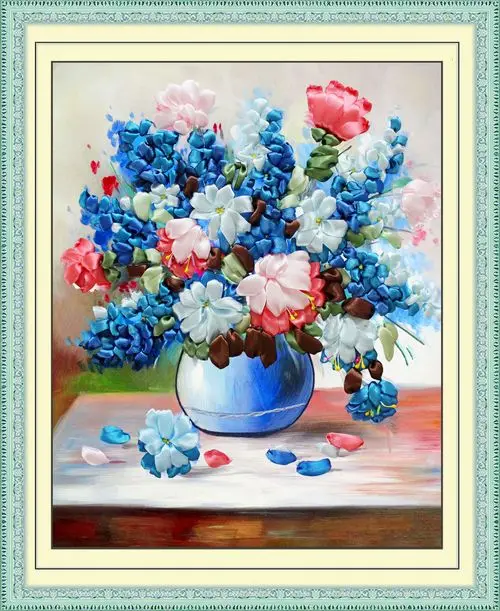

Needlework,2019 new DIY ribbon cross stitch Set for embroidery kit,Table vase blue rose flower love ribbon Cross-Stitch handwork