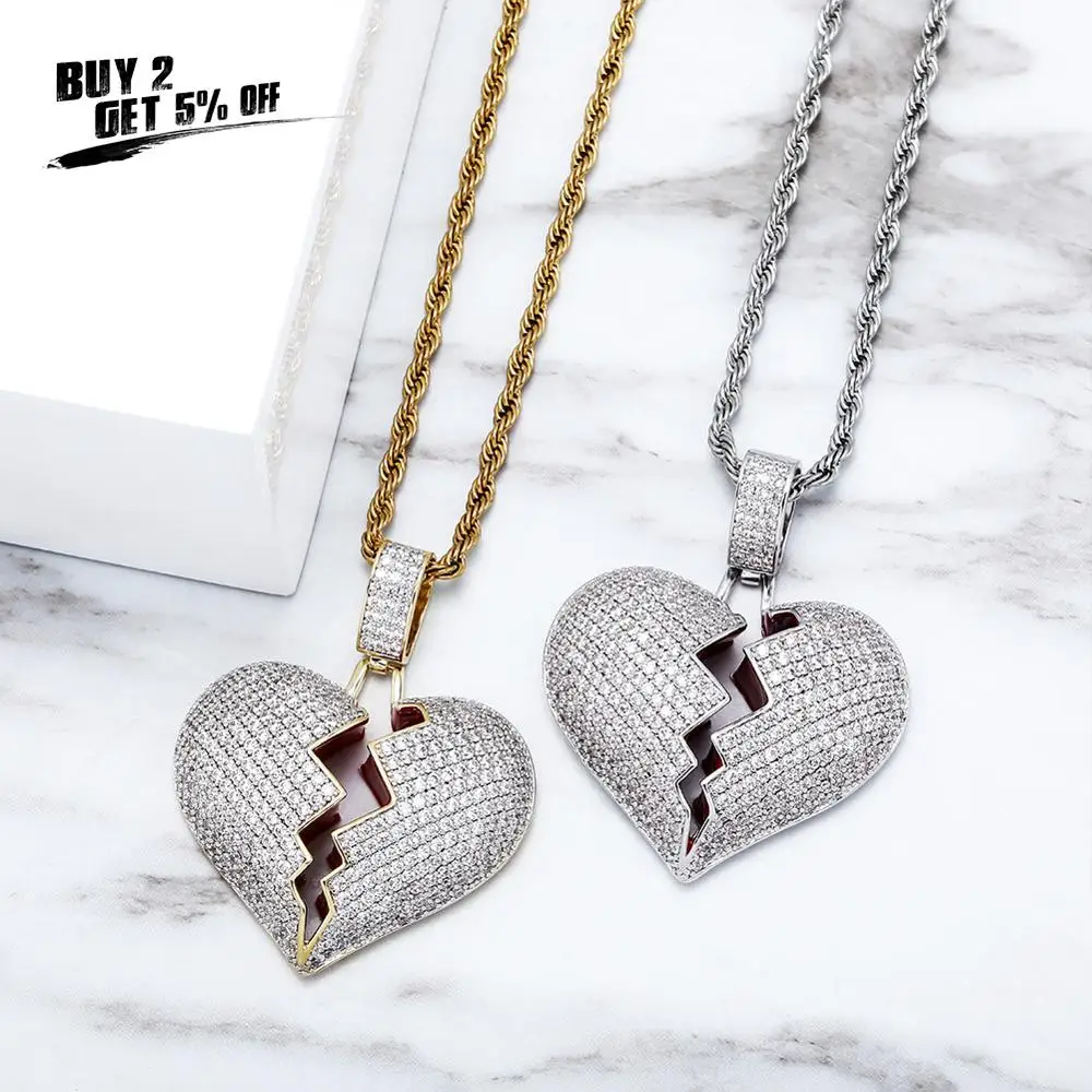 JINAO Fashion Broken Heart Iced Out Chain Pendant Necklace Statement Gold Color Cubic Zircon Necklace Hip Hop Men\'s Jewelry Gift