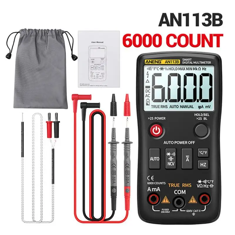 

Auto-Ranging AC/DC Transistor Voltage Meter Digital Multimeter True RMS with Temperature Tester 6000 Counts