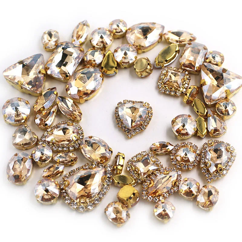 50pcs/Bag Shiny Champagne Mixed Shape Sew on Glass Rhinestone Gold Claw Crystal Buckle Diy Wedding Decoration Clothes/Shoe/Dress