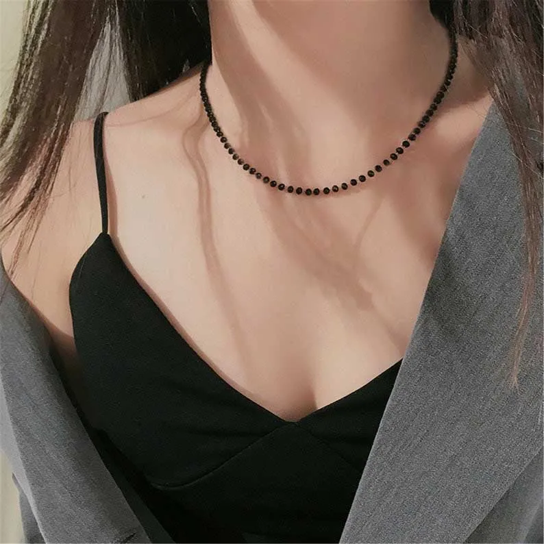 Charm Luxury Black Crystal Glass Bead Chain Choker Necklace for Women Initial Necklace Lock Collar Necklace Jewelry Party Gift