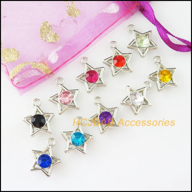 30 New Star Charms Dull Silver Plated Mixed Crystal Frame Pandants 15x17mm